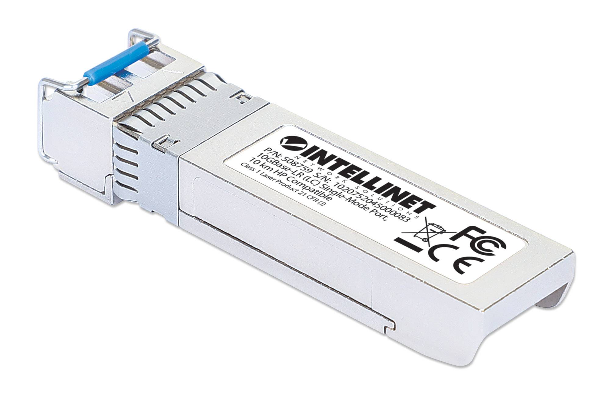Weißes Intellinet Glasfaser-Transceiver-Modul mit Metallgehäuse und blauem Verriegelungsclip, dargestellt auf einfachem Hintergrund.