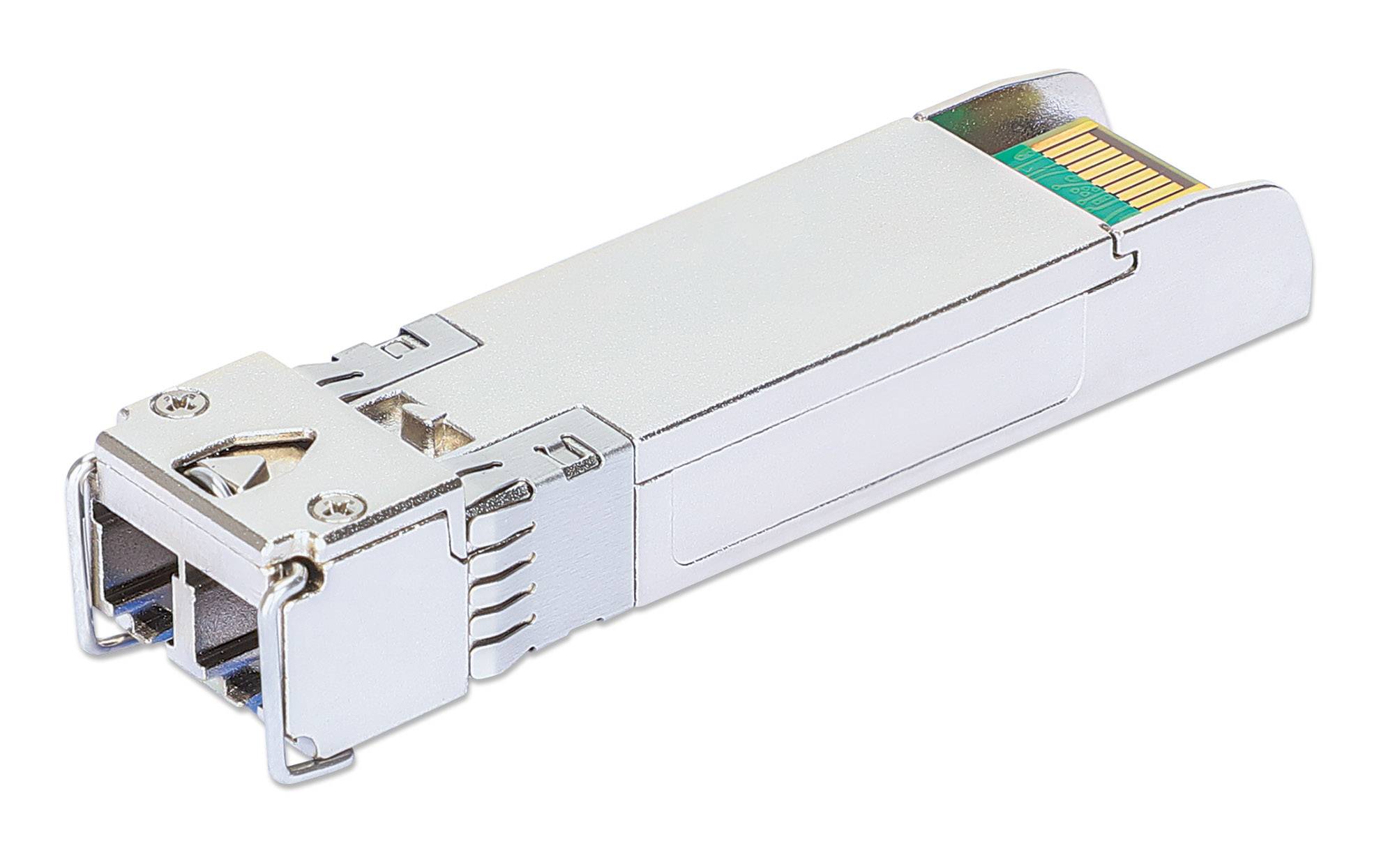 Metall-SFP-Transceiver-Modul für Glasfaser-Netzwerk auf weißem Hintergrund dargestellt.
