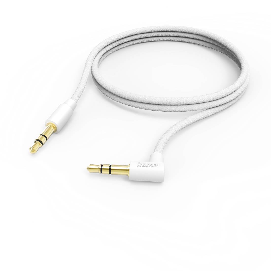 Weißes 3,5-mm-Audiokabel mit vergoldeten Winkel- und geraden Steckern auf schwarzem Hintergrund.