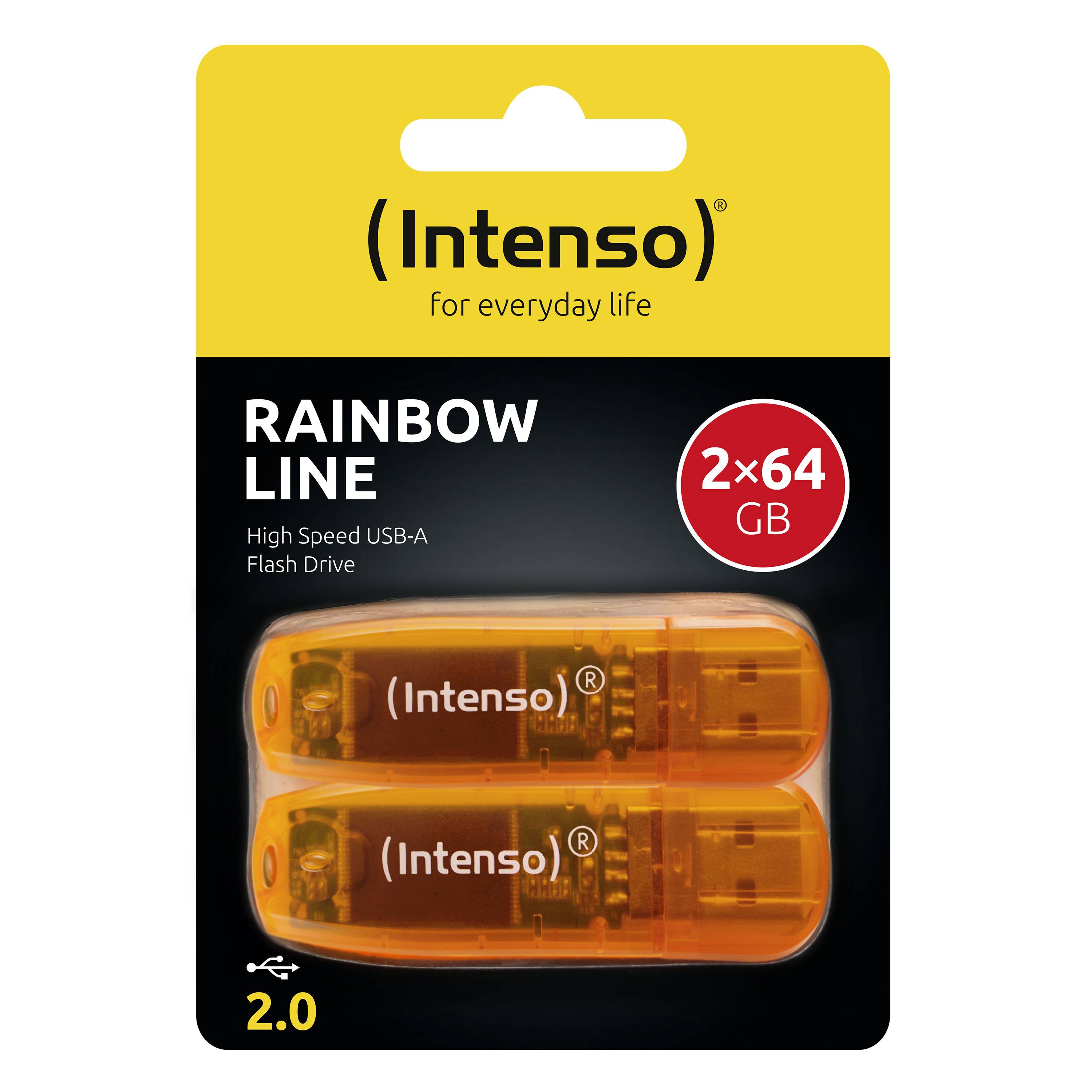 Verpackung für Intenso Rainbow Line High-Speed USB-A Speichersticks, zeigt zwei orange 64-GB-Laufwerke und ein 