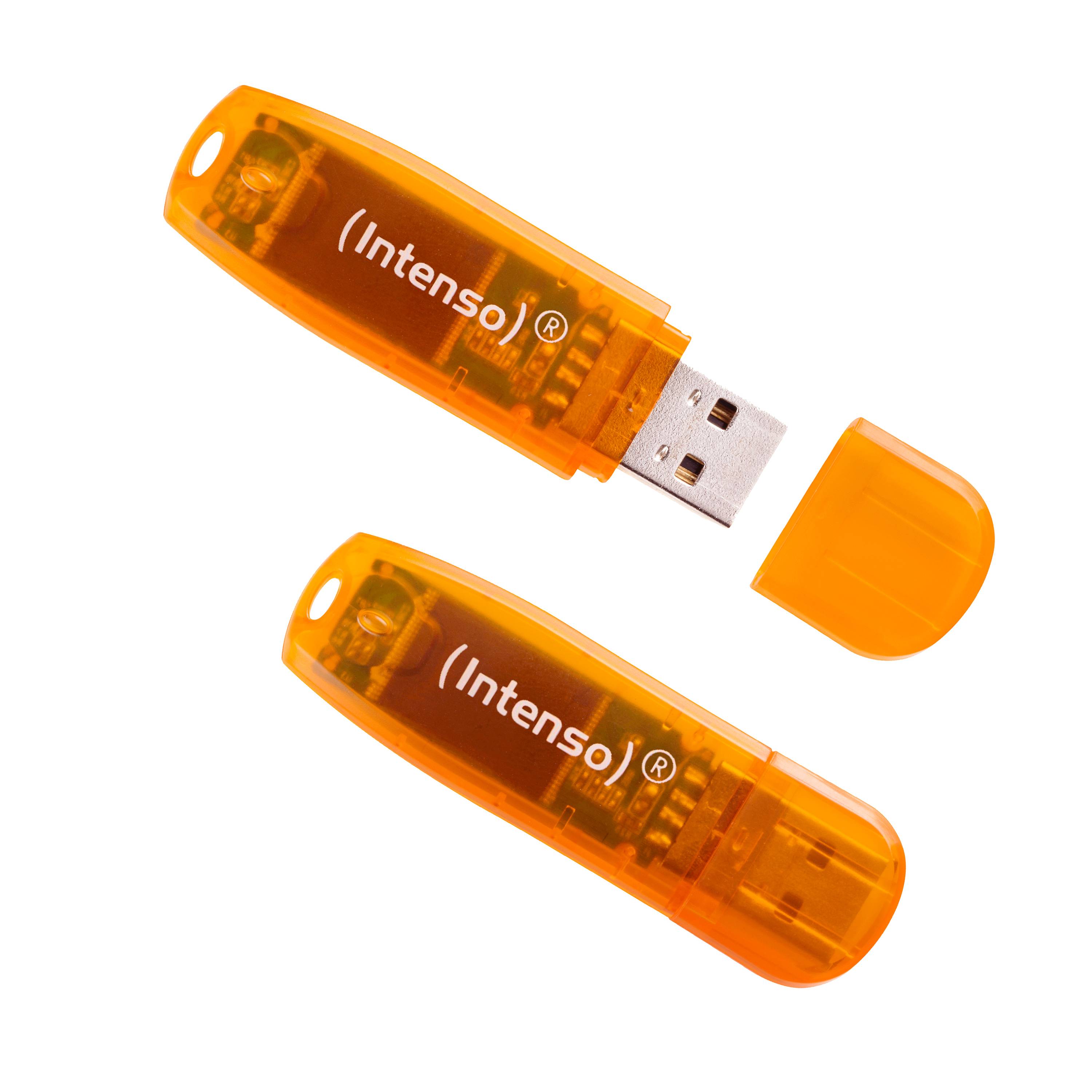 Orange Intenso USB-Stick oben geöffnet dargestellt mit entfernter Kappe, die den USB-Anschluss freilegt; eine zweite Ansicht mit Kappe erscheint darunter auf weißem Hintergrund.