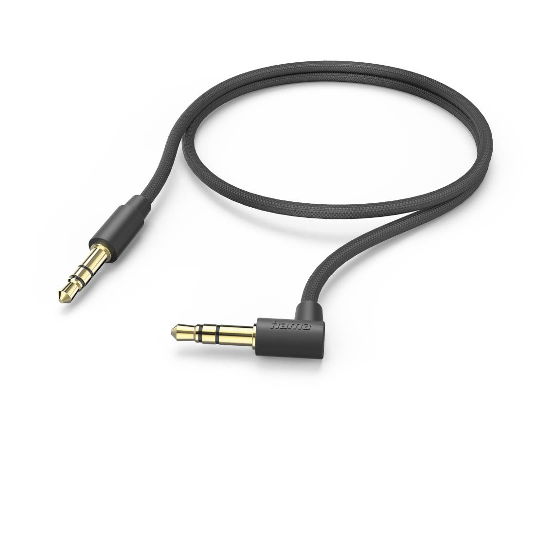 Schwarzes geflochtenes Audiokabel mit vergoldeten 3,5-mm-Winkelverschlüssen auf beiden Seiten.
