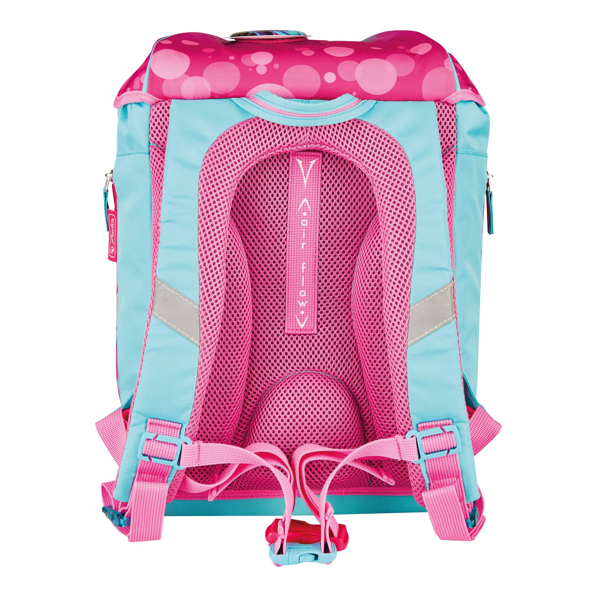 Rosa und türkiser Kinderrucksack mit gepolstertem Mesh-Rückenpanel und verstellbaren Schultergurten, Vorderansicht auf weißem Hintergrund gezeigt.