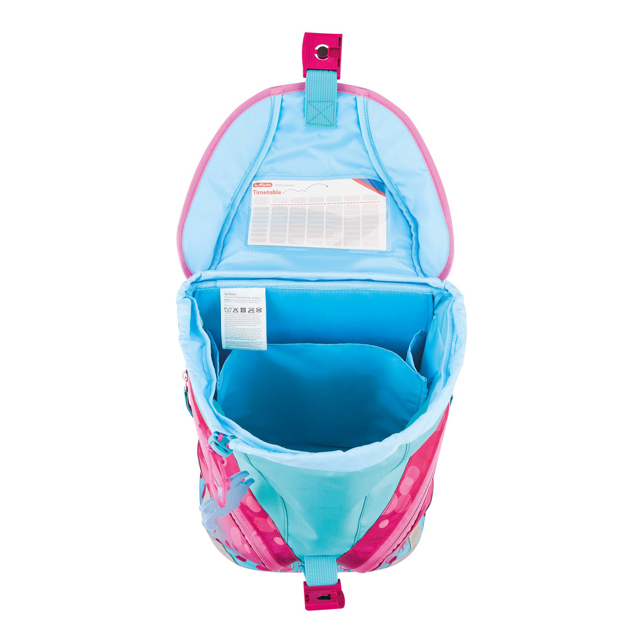 Offener, bunter Rucksack mit blauem Innenfutter und rosa Akzenten, leer vor weißem Hintergrund gezeigt.