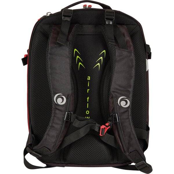 Schwarzer Rucksack von hinten gezeigt, mit gepolsterten Schultergurten, Netzpanelen und Brust- und Hüftgurten zur Unterstützung.