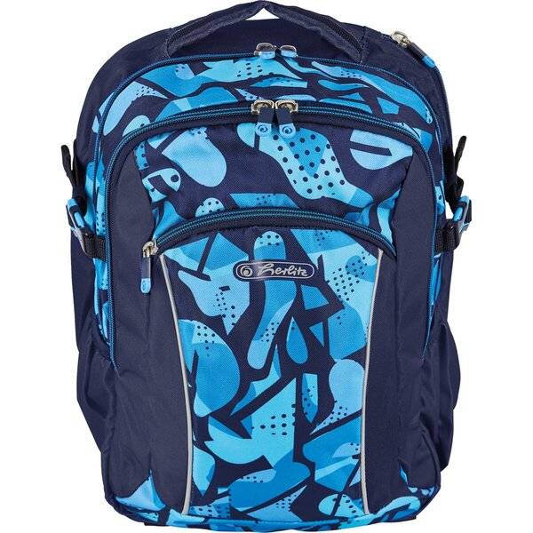 Blauer und dunkelblauer Rucksack mit mehreren Reißverschlussfächern und abstraktem gemustertem Frontpanel, auf weißem Hintergrund gezeigt.