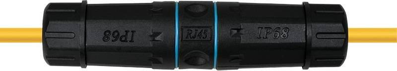 Schwarzer IP68 RJ45 Wasserdicht-Steckverbinder Kupplung mit blauen Dichtungsringen auf gelbem Kabel.