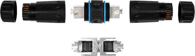 Wasserdichter Inline-Elektrostecker mit schwarzen Endkappen und silbernem Mittenkontaktblock, dargestellt in zusammengebauter Seitenansicht und offener Querschnittsansicht.