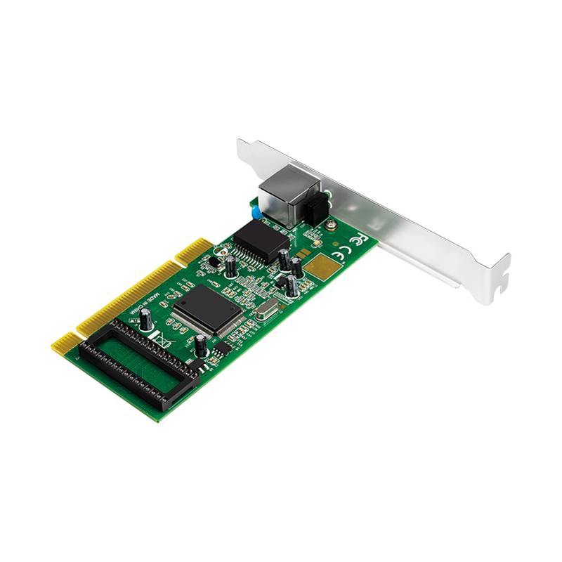 Eine grüne Netzwerkkarte mit Metallhalterung, ausgestattet mit Chips und Anschlüssen, die zum Verbinden eines Computers mit einem Netzwerk verwendet wird.