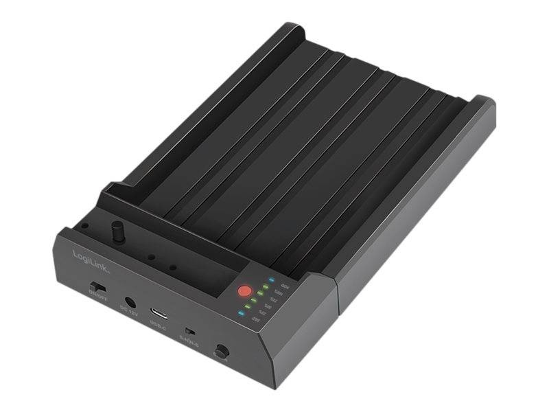Schwarzes externes Festplatten-Gehäuse mit Dockingstation, Frontanschlüssen, Statusleuchten und rotem Ein-/Ausschalter.