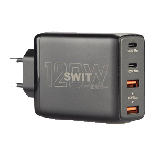 Ein schwarzes 120W USB-Ladegerät mit zwei USB-C- und zwei USB-A-Anschlüssen, jeweils mit ihrer maximalen Leistung gekennzeichnet: zwei 100W und zwei 36W.
