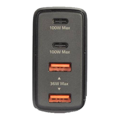USB-Ladegerät mit zwei USB-C-Anschlüssen mit der Bezeichnung 100W Max und zwei USB-A-Anschlüssen mit der Bezeichnung 36W Max, die die maximale Leistungsabgabe anzeigen.