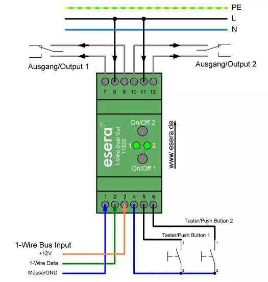 1-Wire Dual Schaltmodul Pro 230V 10/16A mit Tasterschnittstelle