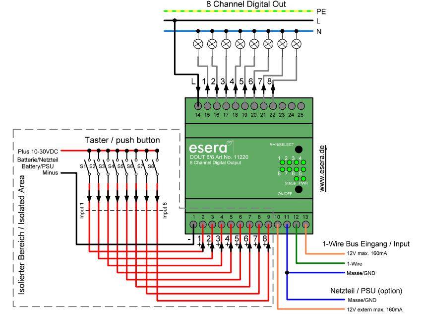 8-fach DI/DO (Digital Input/Output) 1-Wire Schaltmodul - 8A 230V - mit Tastereingängen