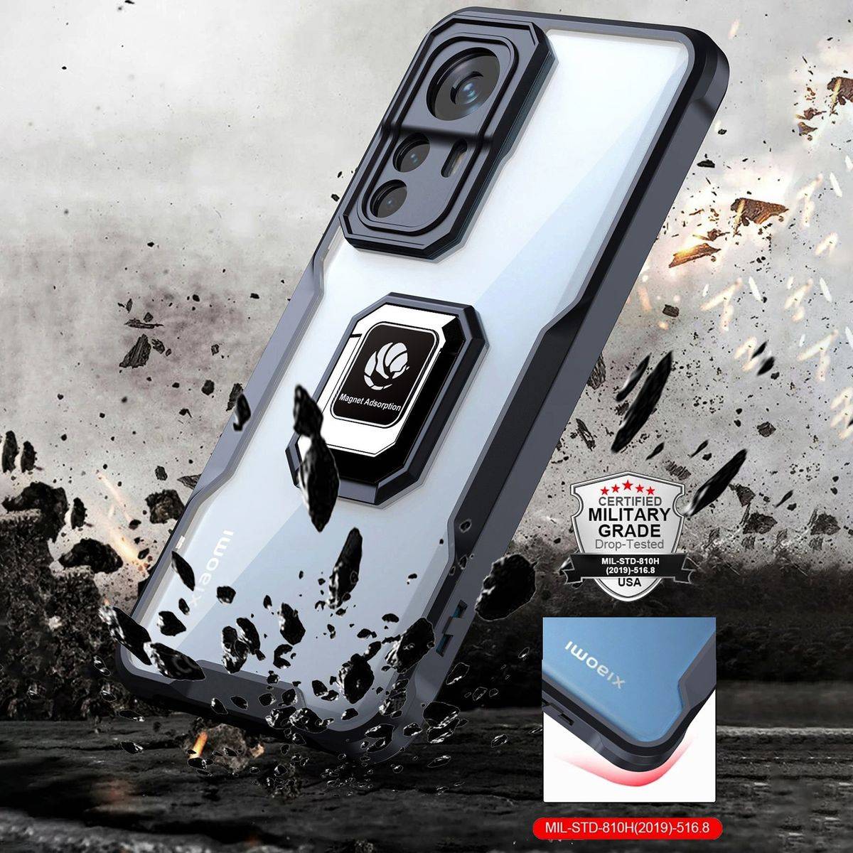 Für Xiaomi 12 / 12X TPU / PC Design Armor Magnet Ring Cover Handy Tasche Hülle Schutz Etuis Schwarz Neu
