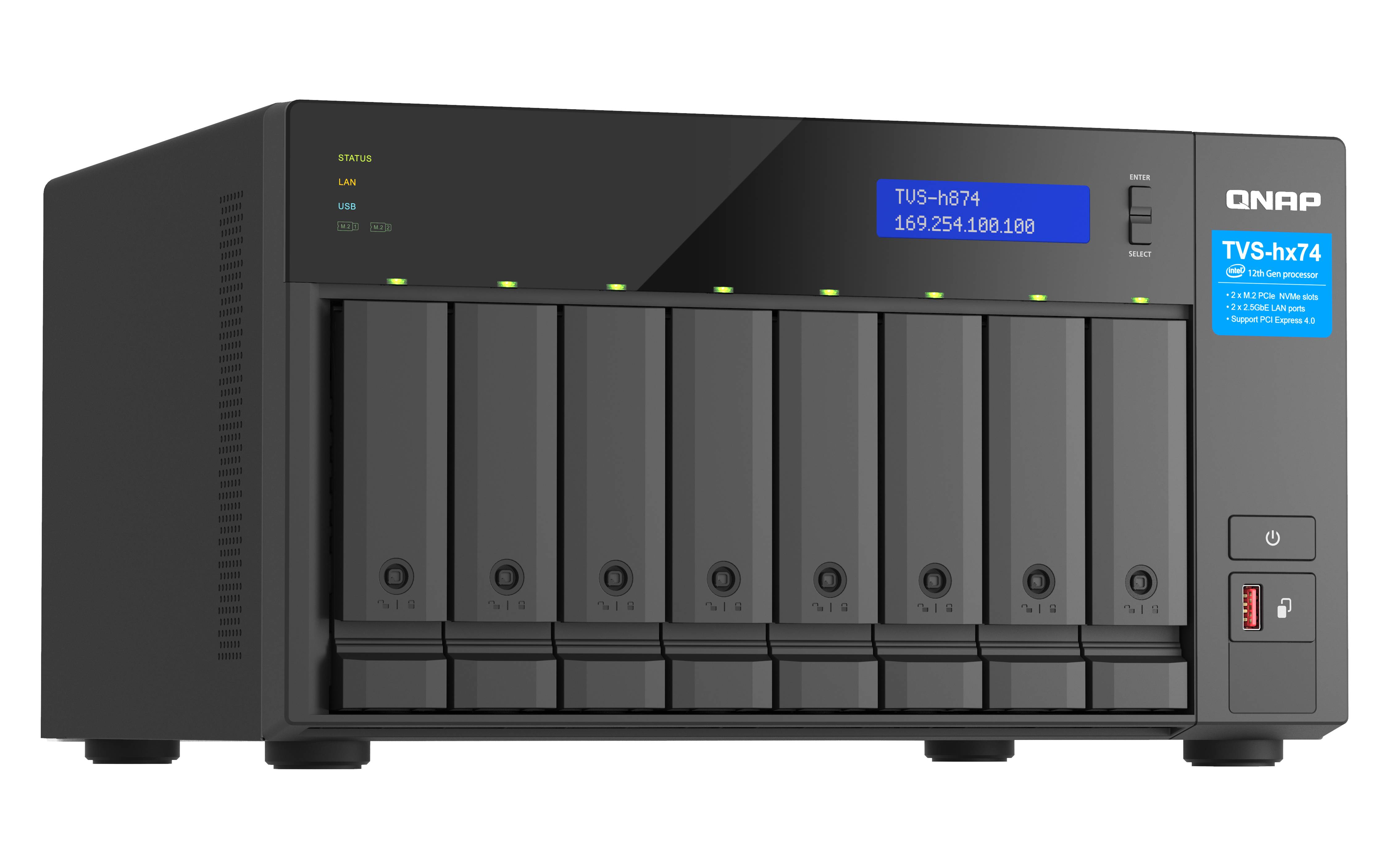 Frontansicht eines QNAP TVS-h874 8-Schacht-NAS-Gehäuses mit Laufwerksfächern, Statusanzeige und Stromversorgung/Sperrsteuerungen.