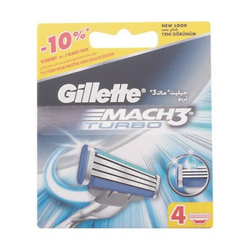 Gillette Mach3 Turbo Rasierklingenpackung mit '4' Klingen, '10%' Aktionsrabatt und neuem Verpackungsdesign.