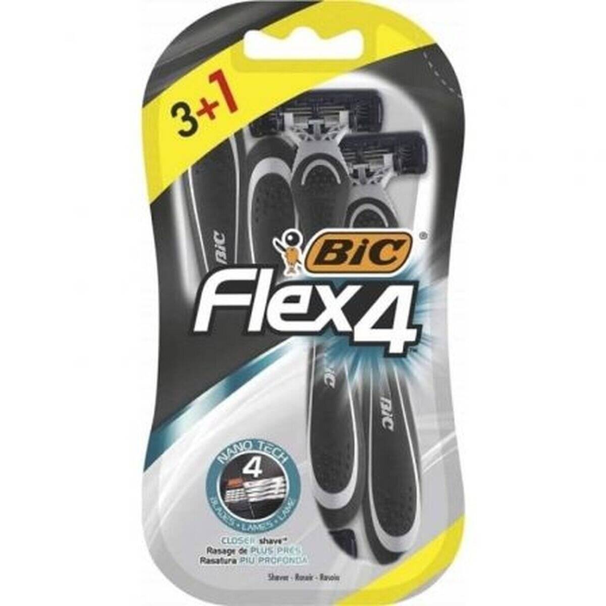 Packung mit BIC Flex4 Einwegrasierer, 3+1er Pack mit Vier-Klingen-Rasursystem für eine enge Rasur.