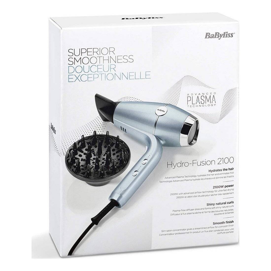 Kasten eines BaByliss Hydro-Fusion 2100 Haartrockners, gezeigt mit Diffusor-Aufsatz und Verpackungstext, der fortschrittliche Plasma-Technologie und glatte Oberfläche hervorhebt.