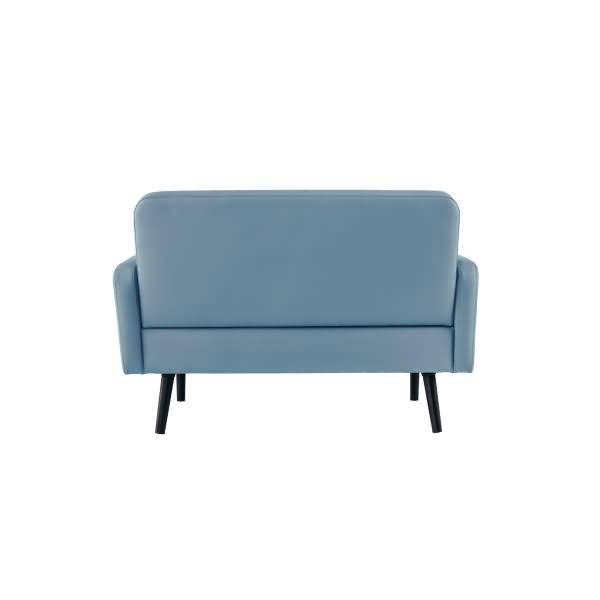 Hellblau gepolstertes Zweisitzer-Sofa mit schwarzen Beinen, von hinten auf weißem Hintergrund dargestellt.
