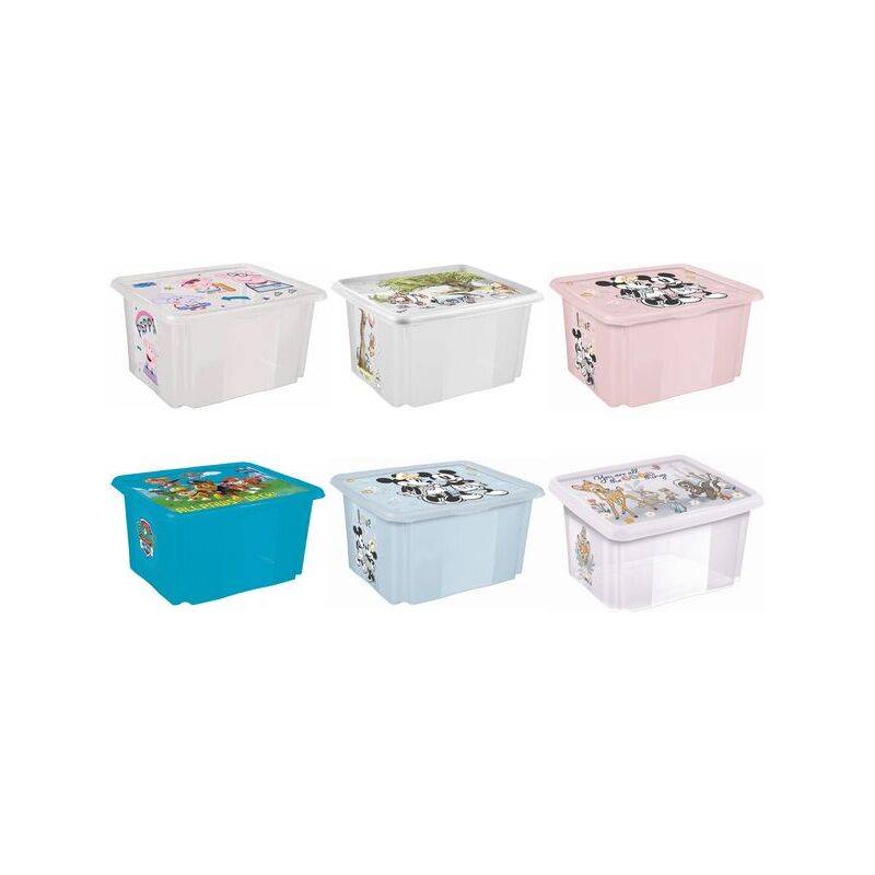 Sechs Aufbewahrungsbehälter mit Cartoon-Motiven auf ihren Deckeln, in den Farben Weiß, Rosa, Blau und Grün, in zwei Reihen angeordnet.