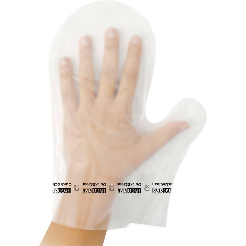 Eine klare, durchsichtige Schutzhandschuh, der an einer Hand getragen wird, mit dem Markennamen 'Hygostar' in schwarzer Schrift entlang des Handgelenkbereichs.