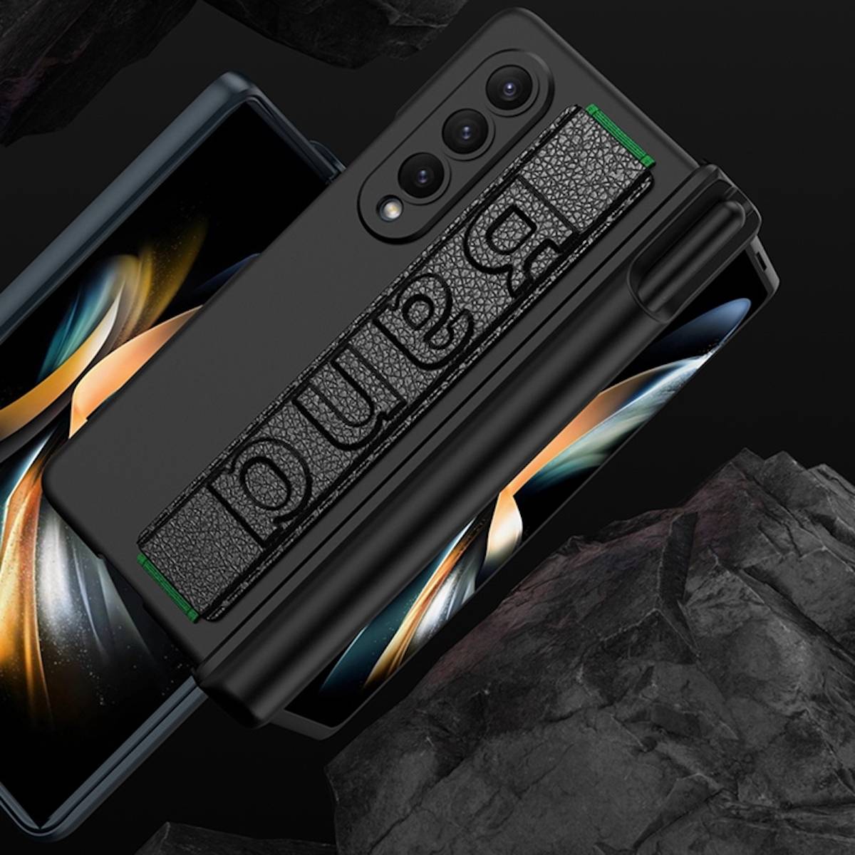 Für Samsung Galaxy Z Fold4 5G Magnetische Kunststoff / Glas Halteband Handy Tasche Hülle Etuis Grün + Stift Halterung