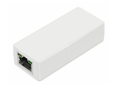 Weißer rechteckiger Ethernet-Netzwerkadapter mit RJ45-Anschluss an einem Ende.