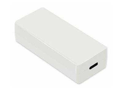 Weißes rechteckiges elektronisches Gerät mit einem einzelnen USB-C-Ladeanschluss an einem Ende, gezeigt vor einem einfachen Hintergrund.