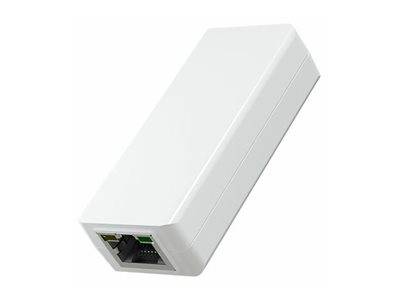 Weißer rechteckiger Ethernet-Netzwerkadapter oder wandmontierter Extender mit einem einzelnen RJ45-Anschluss an einem Ende.