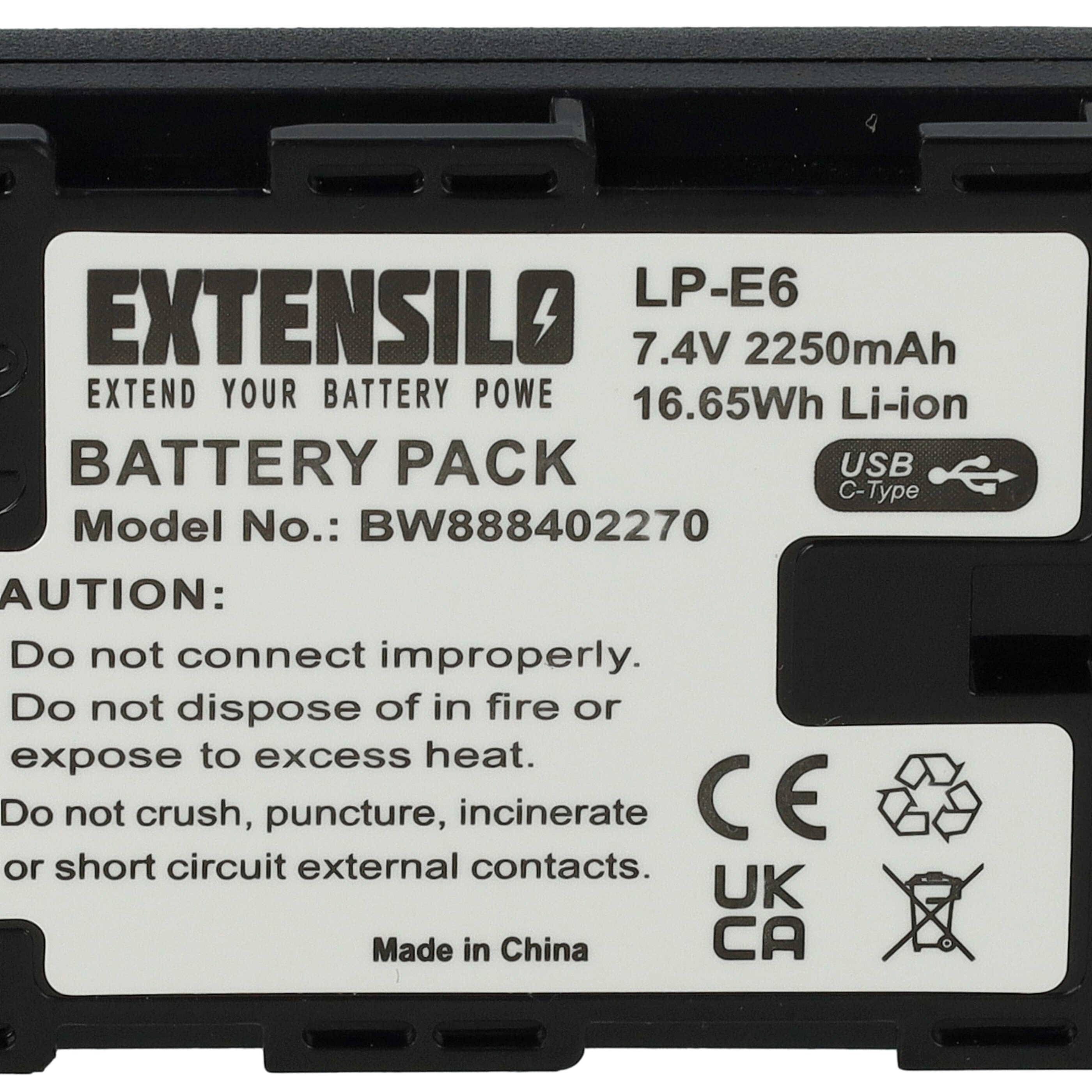EXTENSILO Akku Ersatz für Canon LP-E6 für Kamera (2250 mAh, 7,4 V, Li-Ion), USB-C Buchse