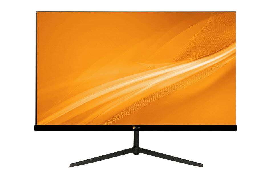 Ein Flachbildschirm-Monitor auf einem Ständer, der auf weißem Hintergrund eine orangefarbene abstrakte Wellen-Tapete anzeigt.