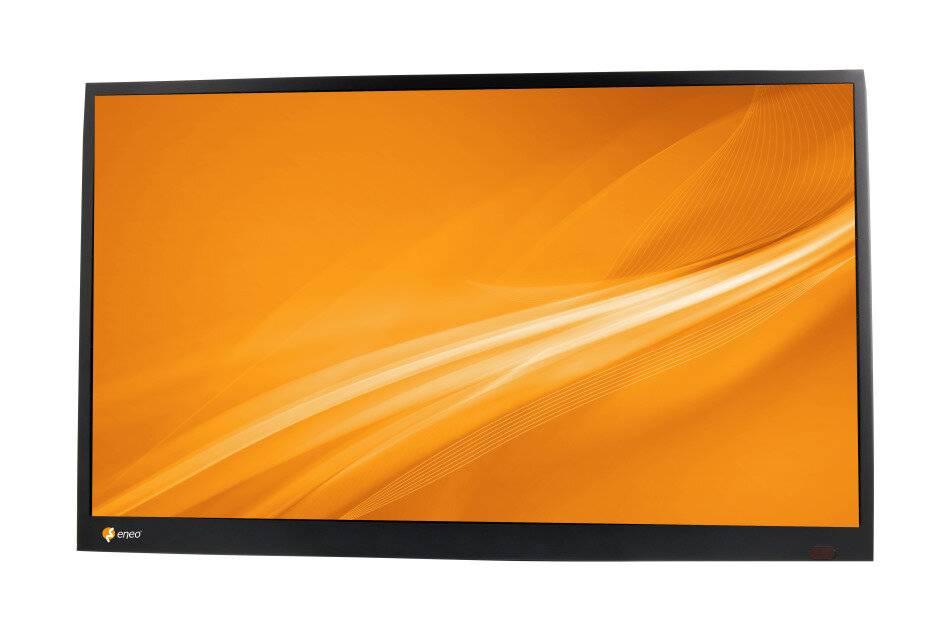 Flacher Fernseher oder Monitor mit einer orangefarbenen abstrakten Wellentapete in schwarzem Rahmen, vor weißem Hintergrund dargestellt.