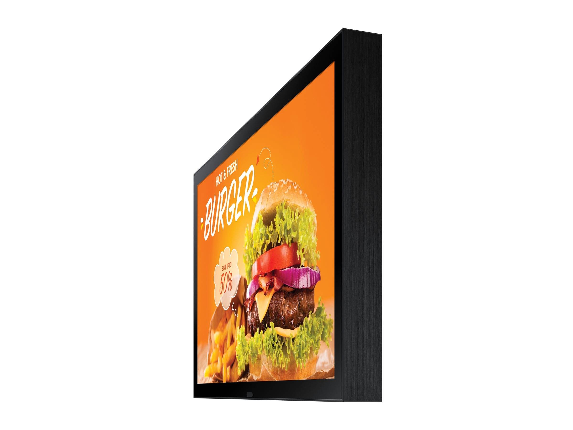 Wandmontiertes digitales Menü-Display, das eine Burger- und Pommes-Werbung auf orangefarbenem Hintergrund zeigt.