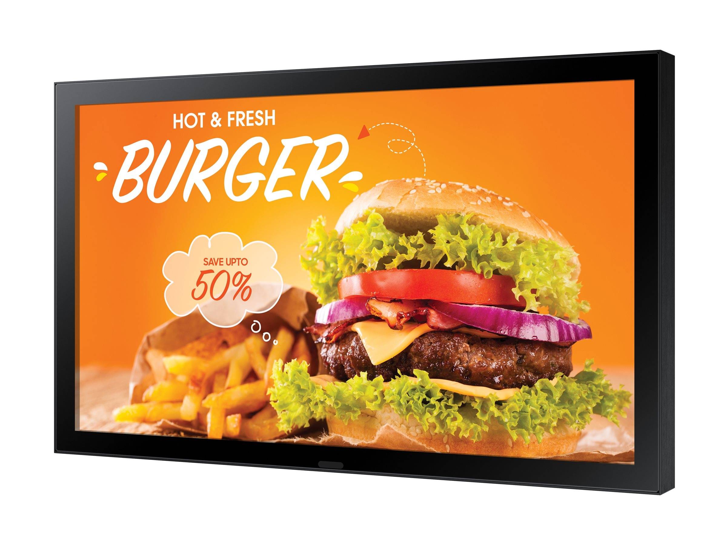 Digitale Anzeige, die einen heißen, frischen Burger mit Pommes auf orangefarbenem Hintergrund zeigt, mit dem Text „HOT & FRESH BURGER