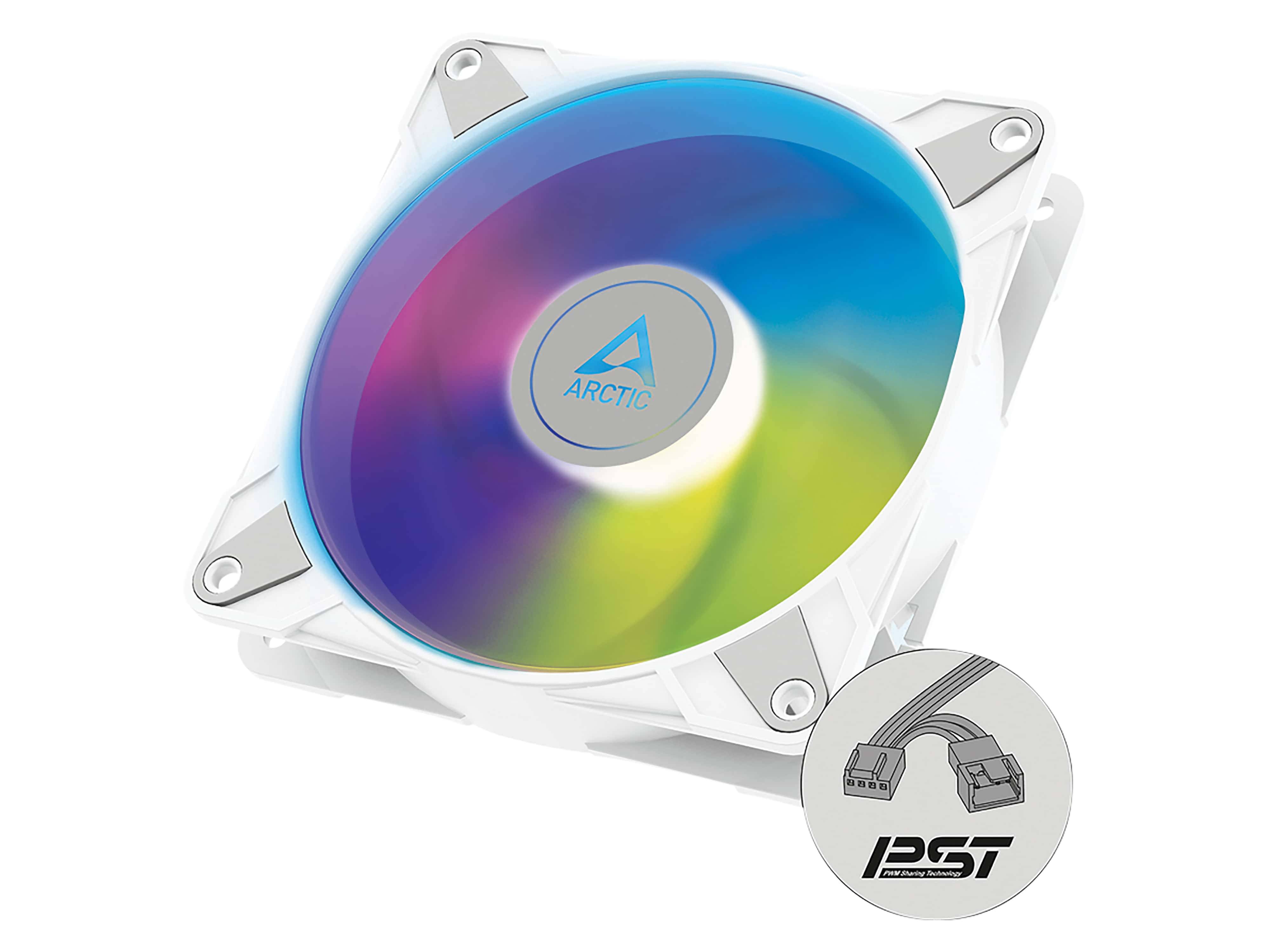 Rundes RGB-PC-Kühlgebläse mit weißem Rahmen und ARCTIC-Logo, dargestellt mit einem kleinen Symbol eines 4-Pin-PWM-Steckverbinder-Kabels.