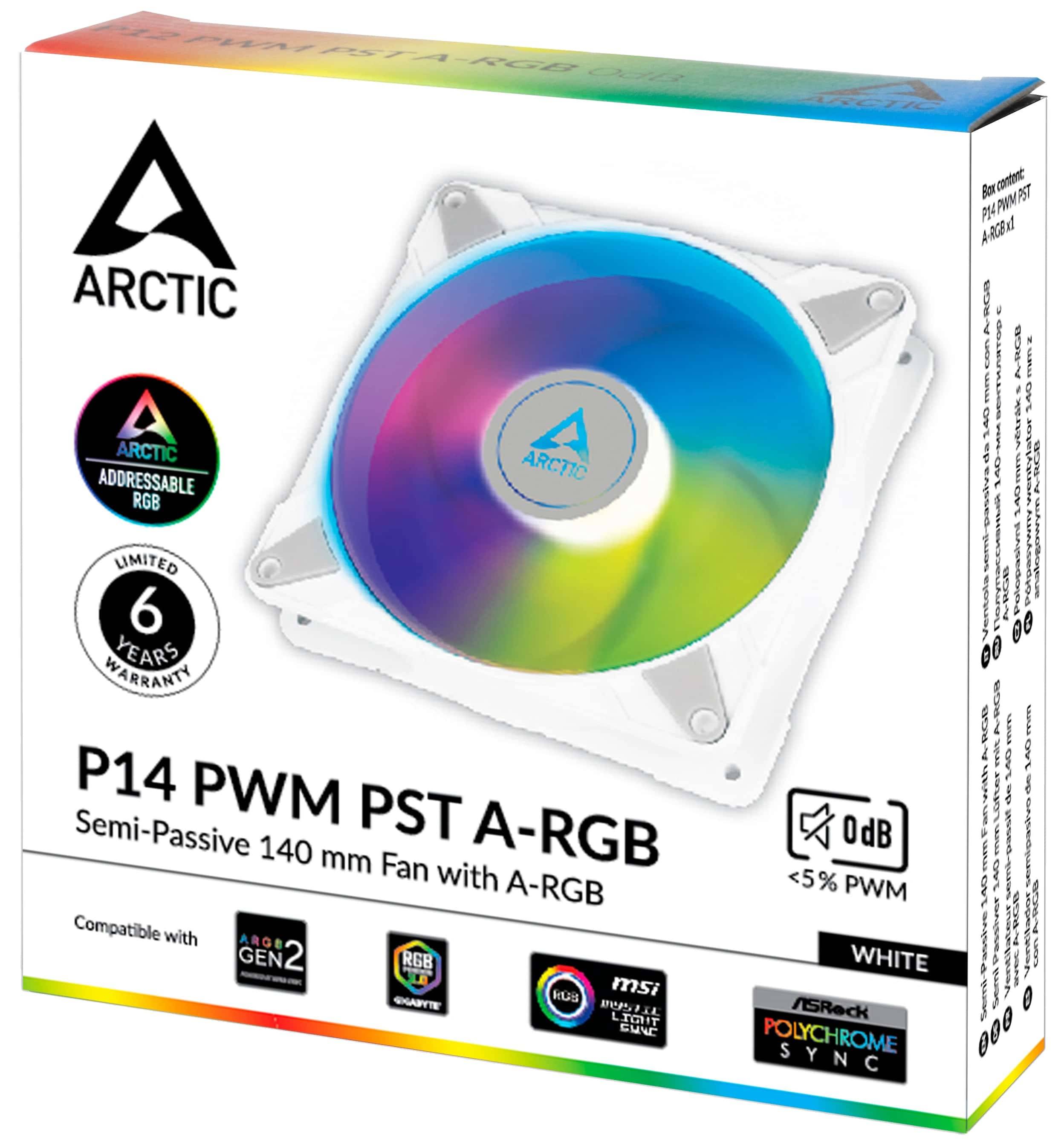 Packung des ARCTIC P14 PWM PST A-RGB weißer 140-mm-Lüfter mit Regenbogenleuchtung, „0 dB