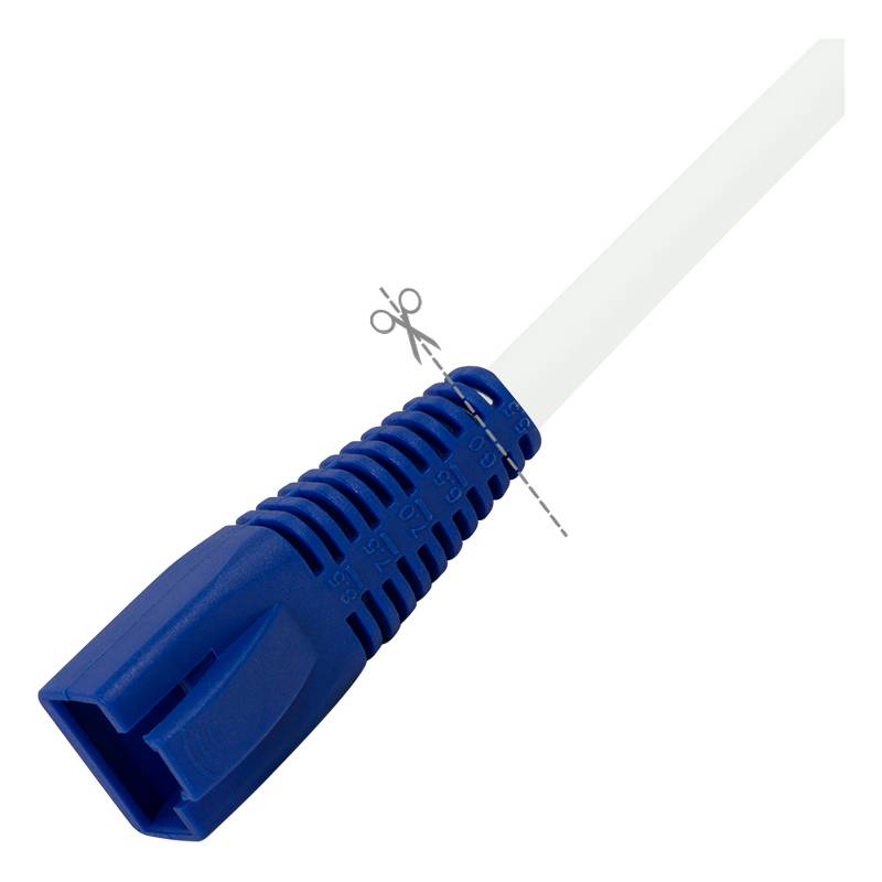 Blaues Netzwerkkabel mit einer weißen Schnur und einem 'Scheren'-Symbol, das eine Schnittlinie in der Nähe des Anschlusses anzeigt.