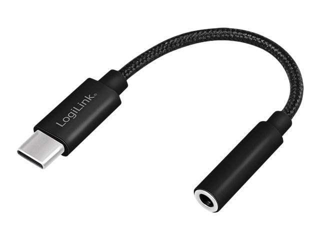 USB-C-Adapterkabel mit geflochtenem schwarzem Kabel, LogiLink-Branding und einer weiblichen Audiobuchse an einem Ende.