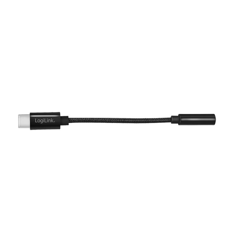 Schwarzes LogiLink-Adapterkabel mit geflochtenem Kabel, USB-C-Stecker an einem Ende und zylindrischer Stecker am anderen Ende, gezeigt vor schwarzem Hintergrund.