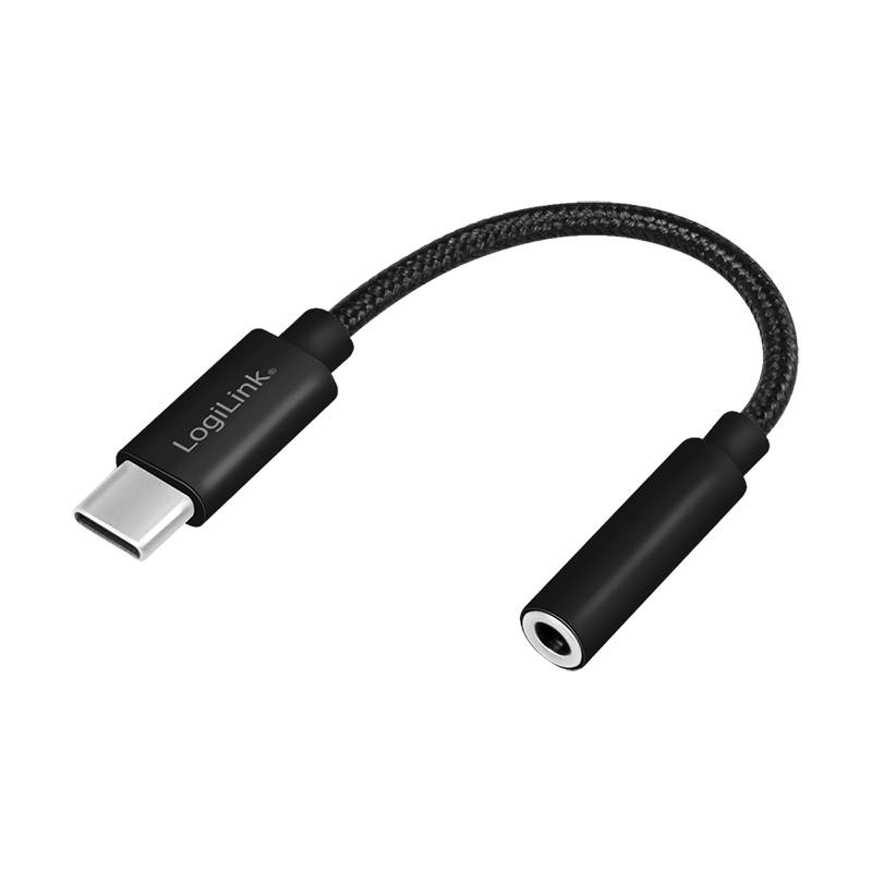 Schwarzes USB-C-auf-3,5-mm-Audioadapterkabel mit geflochtenem Kurzkabel und LogiLink-Branding