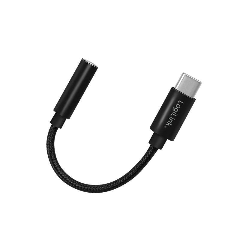 Schwarzes geflochtenes USB-C-Kabel mit einem USB-C-Anschluss und einer Schutzkappe auf schwarzem Hintergrund.