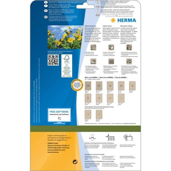 Verpackungsrückseite eines HERMA-Etikettenprodukts mit Produktinformationen, Gebrauchsanweisungen, QR-Code, FSC-Logo, Mitteilung zum Softwaredownload und Etikett-Beispielen.