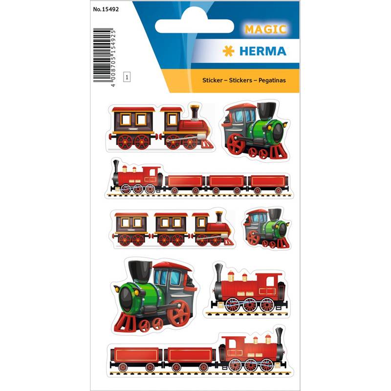 Aufkleberbogen mit Illustrationen von Vintage-Zügen, jeweils in einer rot-grünen Farbpalette.