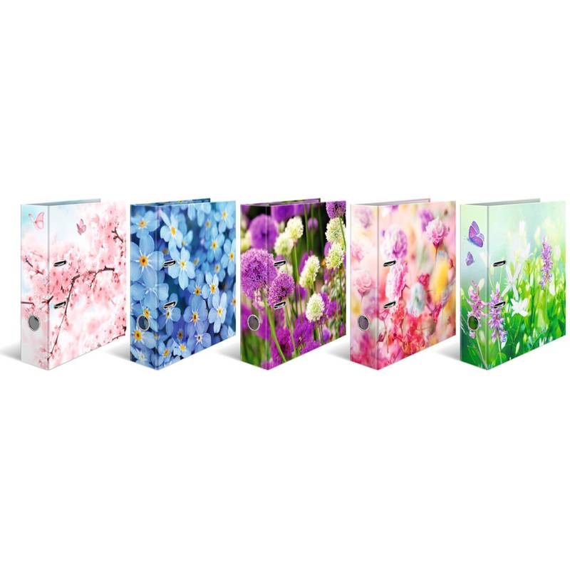 Fünf bunte Aktenmappen, die mit Blumenmotiven verziert sind, einschließlich rosa Kirschblüten, blauer Blüten, lila Blüten und grünem Gras mit Schmetterlingen.