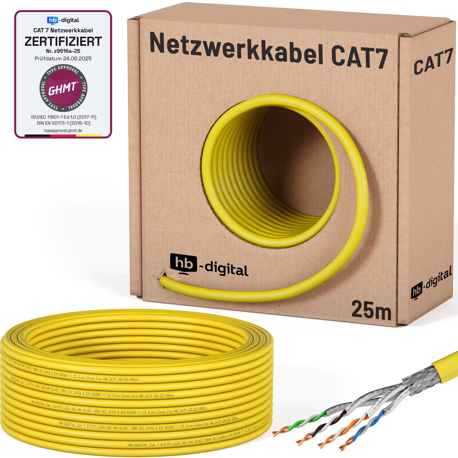 hb-digital CAT 7 Netzwerkkabel 25m Verlegekabel max.1000 MHz S/FTP AWG23 LSZH gelb