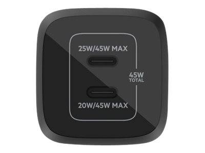Belkin BoostCharge Pro - Netzteil - PPS- und GaN-Technologie - 45 Watt - 3 A - Fast Charge, PD 3.0 - 2 Ausgabeanschlusss