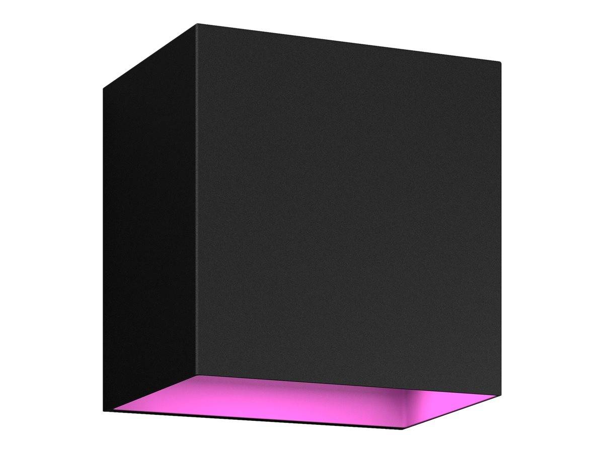 Schwarze würfelförmige Schachtel mit leuchtender rosa Unterseite, dargestellt vor einfachem weißem Hintergrund.