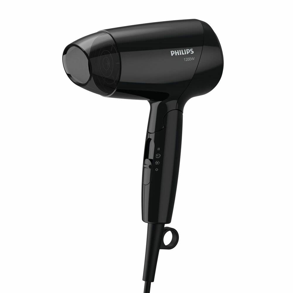 Schwarzer Philips 1200W Haartrockner in Seitenansicht auf einfachem weißem Hintergrund.