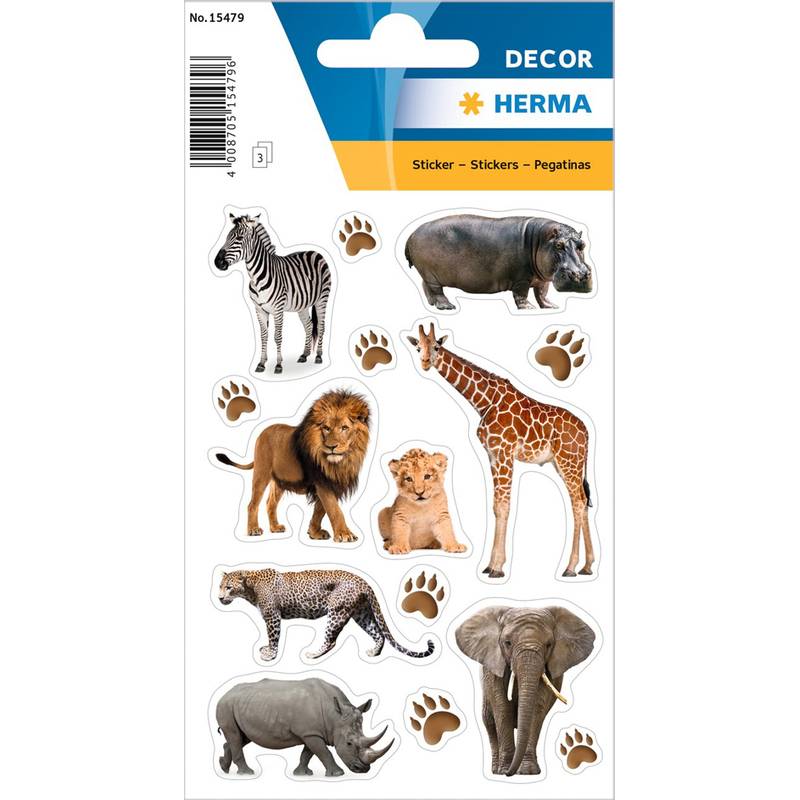 Aufkleberbogen mit verschiedenen Tieren, darunter ein Zebra, Nilpferd, Löwe, Löwenjunges, Giraffe, Nashorn, Elefant und Leopard, mit Pfotenabdrücken.